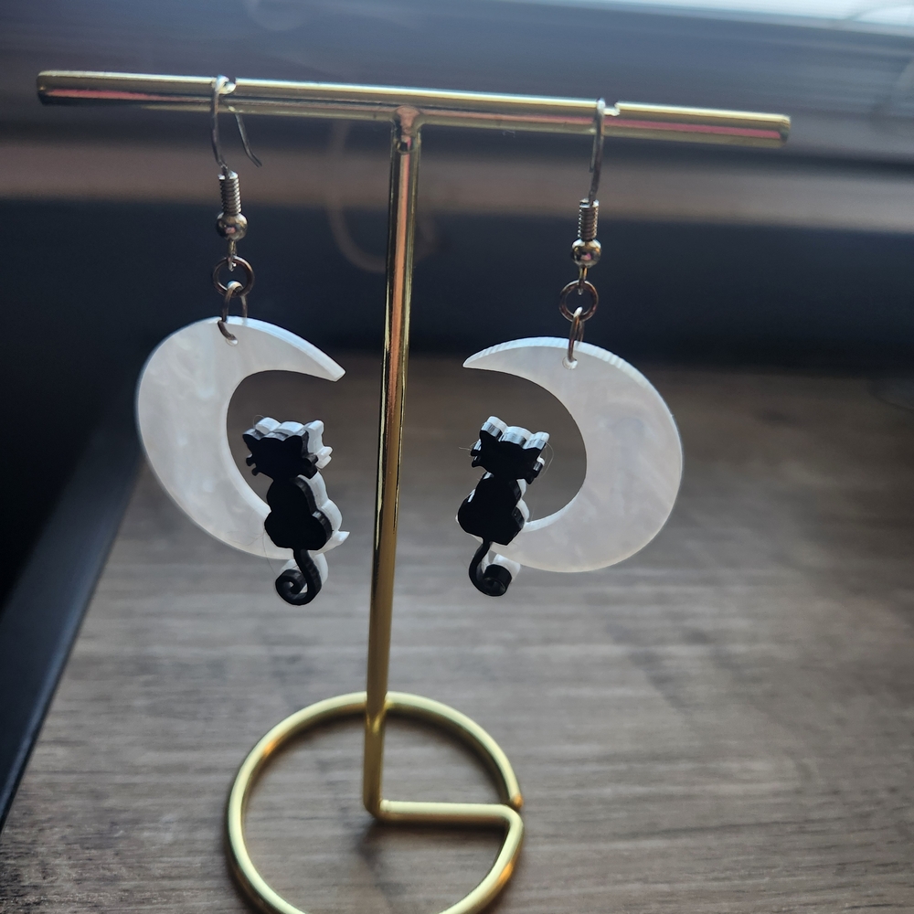 Black and White Cat Moon Earrings